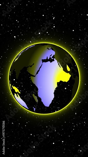 Futuristic earth globe with illuminated blue and white continents on starry dark background vertical video. Animated earth globe with blue and white continents on dark starry backdrop vertical video.