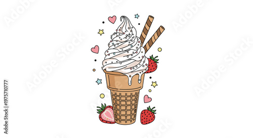 Delicious soft serve ice cream in a waffle cone decorated with sprinkles, chocolate sticks, and fresh strawberries on a white background.