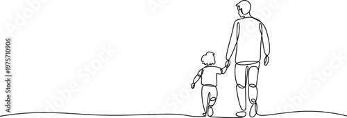 Single line drawing of father and child standing holding hands on a white background parent