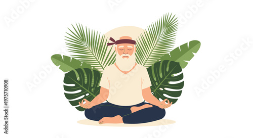 Senior man with a beard meditating in a lotus pose surrounded by lush green tropical palm and monstera leaves for wellness.