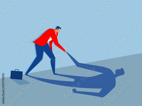 Businessman helping his own shadow to stand up.concept business fail and being mindful that the only person you can rely on is yourself.vector