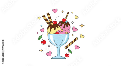 Tempting ice cream sundae with three scoops of different flavors, chocolate sauce, cherries, and wafer sticks in a glass.