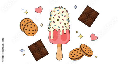 Assorted sweet treats including a colorful popsicle, chocolate chip cookies, and dark chocolate bars with stars and hearts.