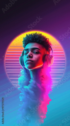 Teen with headphones and smoke sound waves Surreal Synthwave Retro Future Cyberpunk lofi Aesthetic portrait