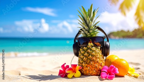 Funny Pineapple with Sunglasses and Headphones