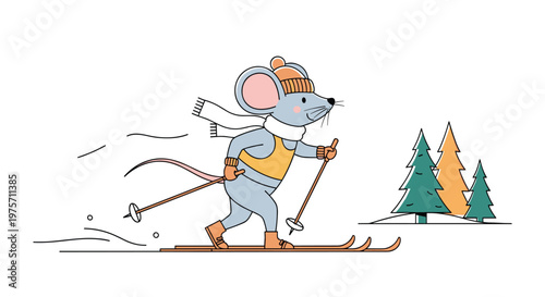 Cute cartoon mouse character wearing a winter hat and scarf while skiing across a snowy landscape with green pine trees.