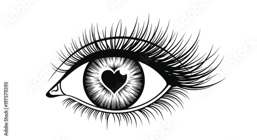 Detailed line art illustration of a human eye featuring a black heart shape within the iris as a symbol of love or obsession.