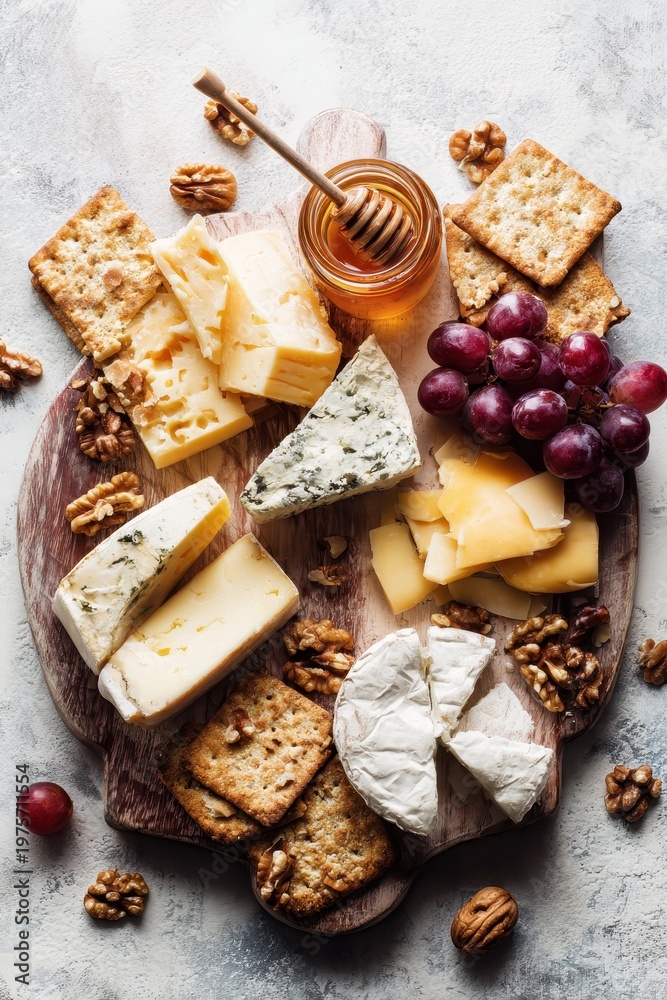 Fototapeta premium Rustic cheese assortment on a serving board with crackers and honey