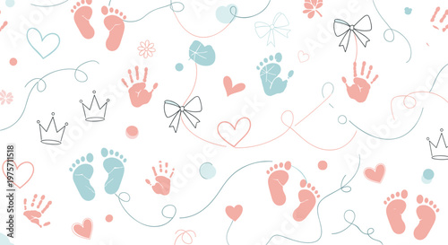 Sweet baby shower seamless pattern featuring tiny footprints handprints crowns and bows in soft blue and pink tones.