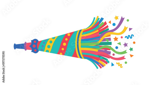 Colorful party horn with confetti and stars.