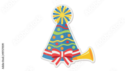 Colorful party hat and horn illustration.