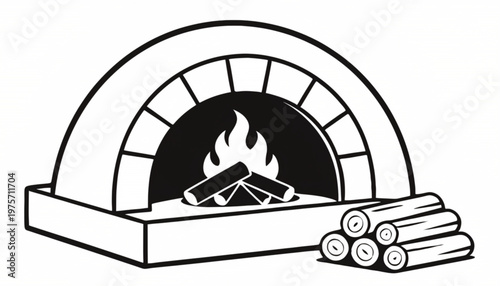 Monochrome Vector Illustration of Wood Fired Pizza Oven with Burning Fire