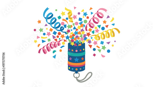 Colorful party popper with confetti and streamers.