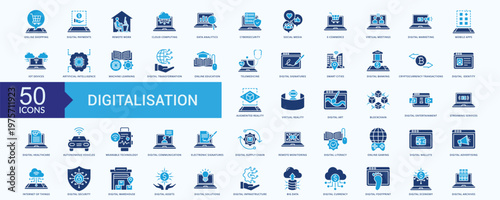 Digitalisation icon collection set Flat Blue with online shopping, digital payments, remote work, cloud computing, data analytics, cybersecurity measures