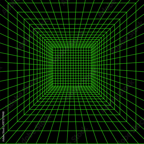 Square green neon wireframe in perspective on black background. Quadrangular room or portal grid texture in futuristic cyberpank style. Techno, metaverse or virtual reality space. Vector illustration
