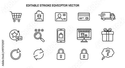 Shopping and ecommerce outline icons set featuring retail elements such as cart delivery truck credit card security lock gift box discount stars customer profile smartphone app store storefront