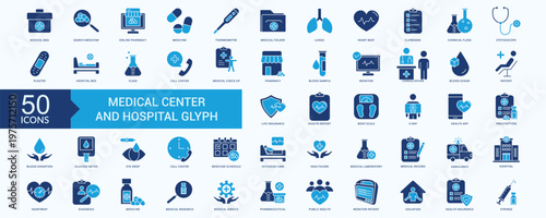 Medical center and hospital icon collection set Flat Blue with medical bag, search medicine, online pharmacy, medicine, thermometer, medical folder, lungs, heart beat, clipboard