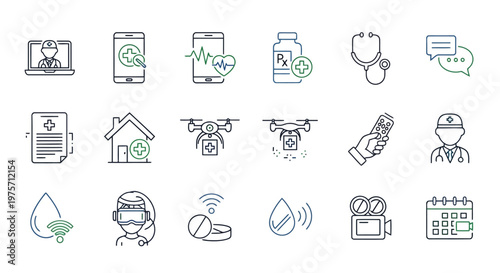 Modern healthcare technology icons set featuring telemedicine doctor consultation virtual reality drone delivery smart home monitoring medical supplies and digital health record symbols