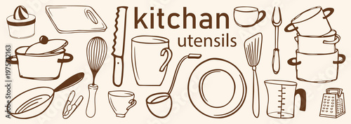 hand drawn kitchen utensils  art collection. doodle sketch kitchen utensils  in crayon style .Line art .kitchen utensils doodle style art .vector illustration.