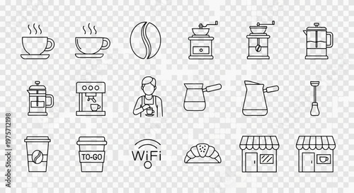 Coffee shop and barista equipment line icons featuring espresso machines coffee beans grinders french press moka pot takeaway cups wifi symbols bakery croissants and traditional cafe storefronts