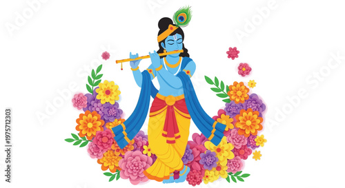Lord krishna playing a flute surrounded by vibrant floral arrangements