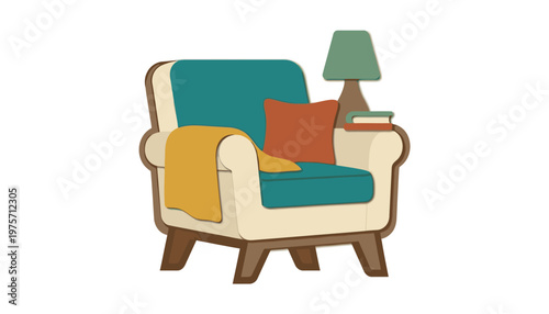 A cozy armchair with colorful cushions.