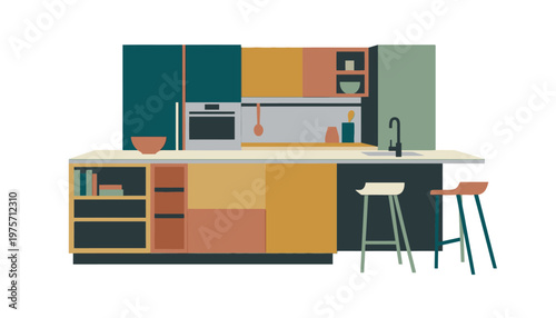 Modern kitchen interior design with colorful furniture.