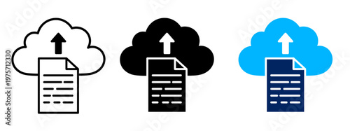 Cloud Upload Icons: A set of cloud upload icons, depicting the concept of data transfer, digital storage and online accessibility. 