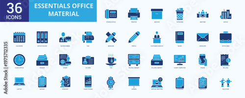 Office Material icon collection set Flat Blue with phone office, printer, archive, paper bin, meeting