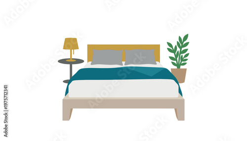 A cozy bedroom with a bed and plant.