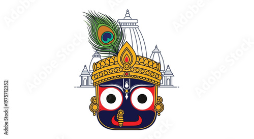 Jagannath temple illustration featuring a peacock feather and deity face