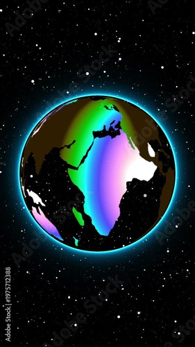 Futuristic earth globe with illuminated blue and white continents on starry dark background vertical video. Animated earth globe with blue and white continents on dark starry backdrop vertical video.