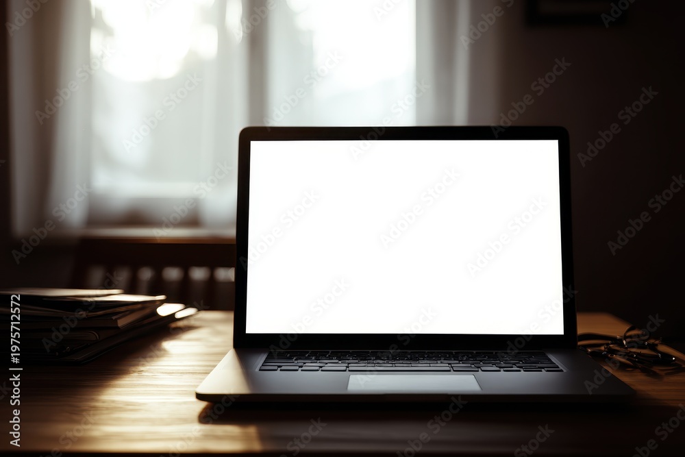 Fototapeta premium Sleek laptop silhouette with blank white screen in a calm, neutral office setting