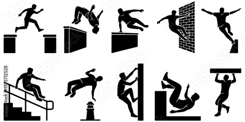 Parkour and freerunning athlete silhouettes set. Urban extreme sports stunts, jumping, vaulting and climbing collection.