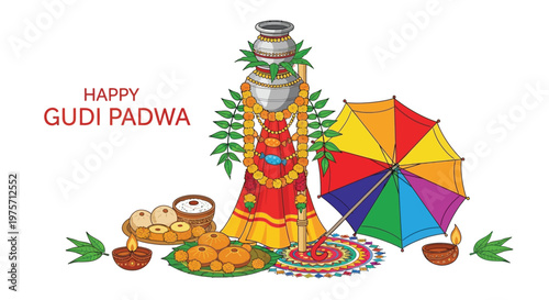 Colorful gudi padwa illustration with traditional decorations and celebratory elements