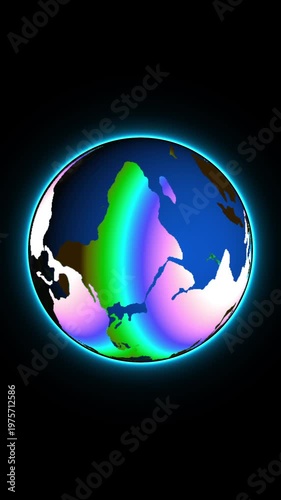 Futuristic earth globe with luminous turquoise aura against black background vertical video. Animated stylized earth with turquoise glowing aura on dark backdrop vertical video.