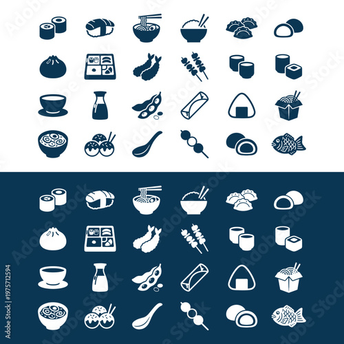 Food icons in white and blue.