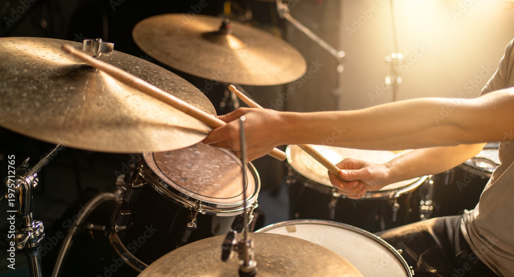 Fototapeta premium Drummer drums cymbal, music percussion drumset, performance concert rhythm stage.