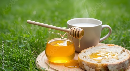  Land of Milk and Honey Concept with Fresh Bread and Steaming Cup in Green Grass