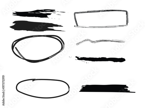 Black grunge elements vector collection, hand-drawn design with frames, circles, lines, and brush strokes.