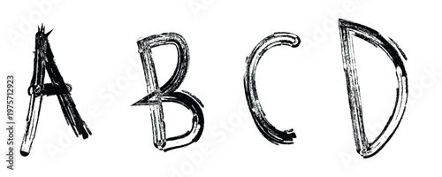 Black charcoal style hand drawn letters a b c d with artistic ink texture for creative branding.