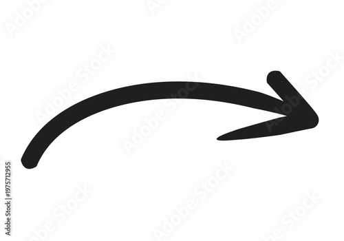 Black hand drawn curved arrow pointing right on transparent background.
