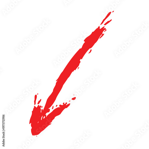 Red hand drawn paint splatter arrow pointing down on transparent background.