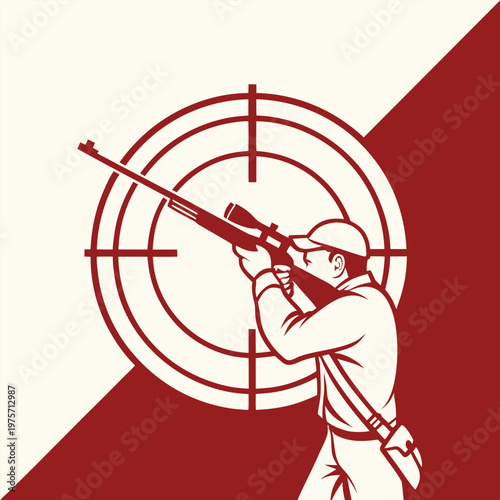 Hunter aiming rifle at target with shooting competition recreation outdoors