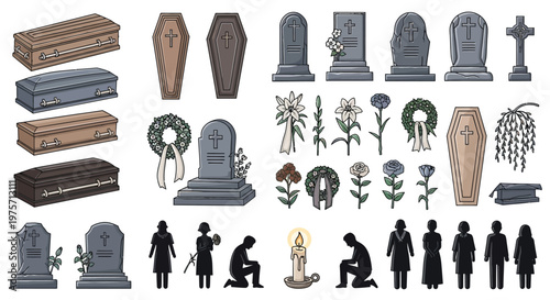 Collection of funeral symbols including coffins tombstones flowers and mourning figures