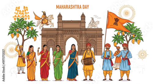 Celebrating Maharashtra day with historical landmarks and cultural depictions