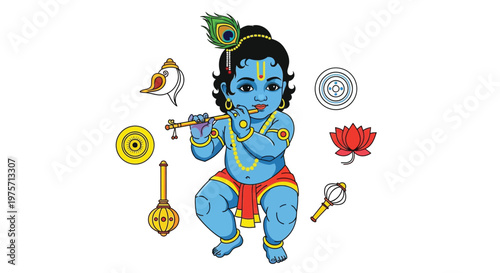 Baby krishna playing a flute with surrounding religious symbols