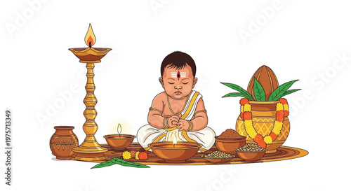 A traditional indian baby ceremony illustration with offerings and a lamp