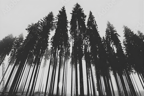 Low angle view of tall pine trees in misty forest black and white