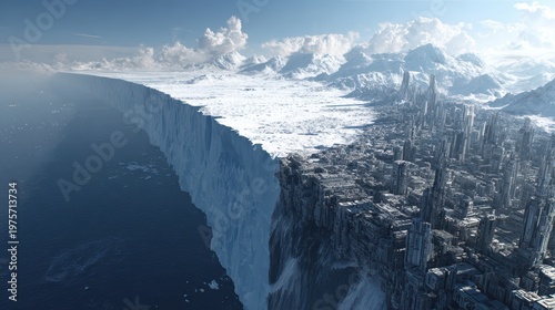 end of glaciers with a clear cutoff, immediately followed by a futuristic city on ice-free terrain, detailed sci-fi buildings